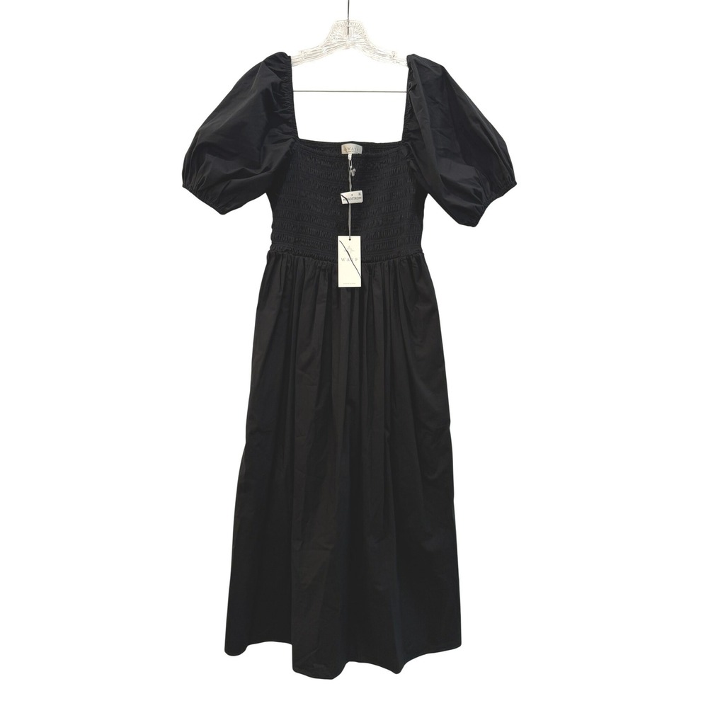 WAYF Black Smocked Puff Sleeve Midi Dress Square Neck Cotton Blend NWT Size S